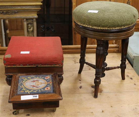 An Edwardian piano stool and two Victorian foot stools